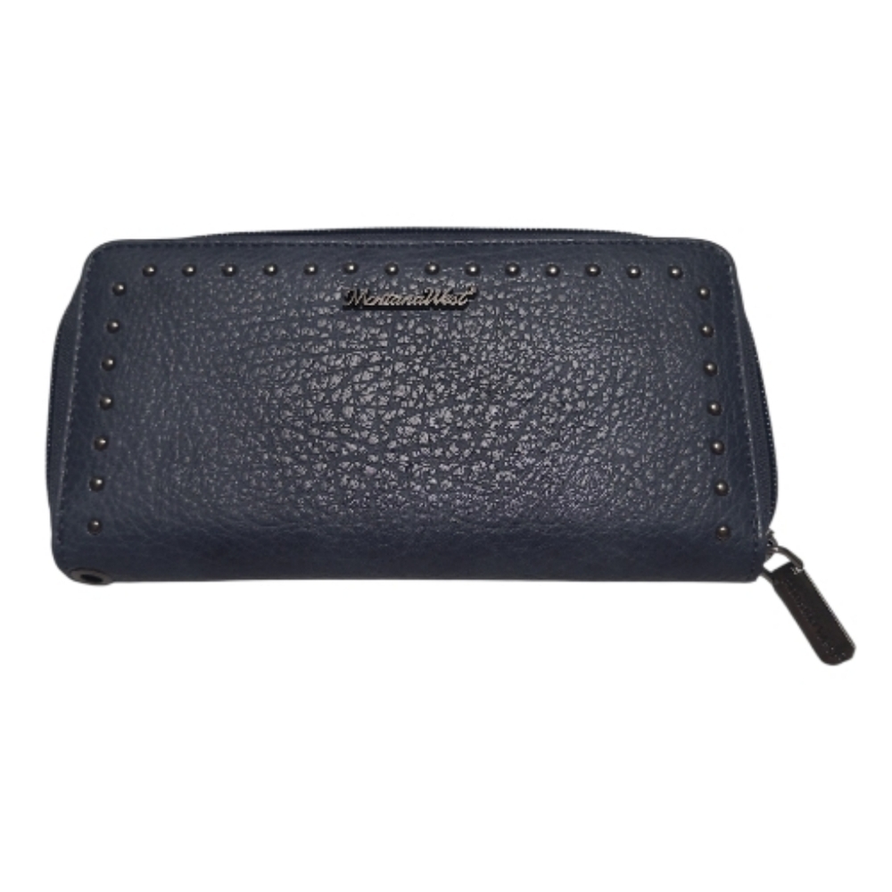 Montana West Pebbled Finish Studded Zip Around Wallet Dark Blue